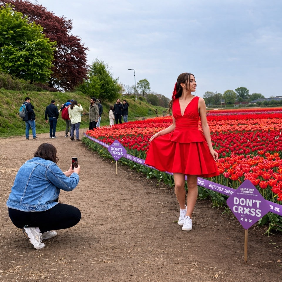 Vrouw poseert in een rode jurk met rode bloemen op de achtergrond