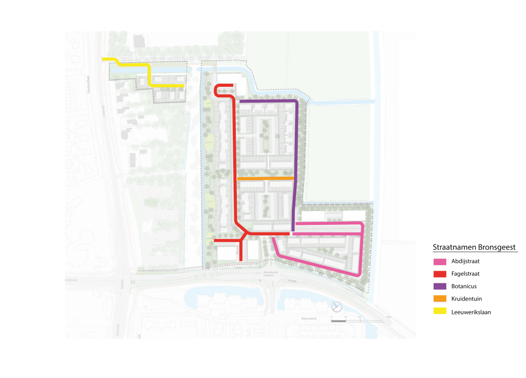 Plattegrond van het nieuwbouwgebied Bronsgeest in Noordwijk met de ligging van vijf nieuwe straatnamen. De Fagelstraat ligt centraal in het gebied. Botanicus ligt aan de oostzijde rond het noordelijke woonblok. De Kruidtuin ligt als korte dwarsstraat in het midden van het oostelijke deel. De Abdijstraat ligt in het zuidoostelijke deel van het plan. De Leeuwerikslaan ligt in het noordwestelijke deel.