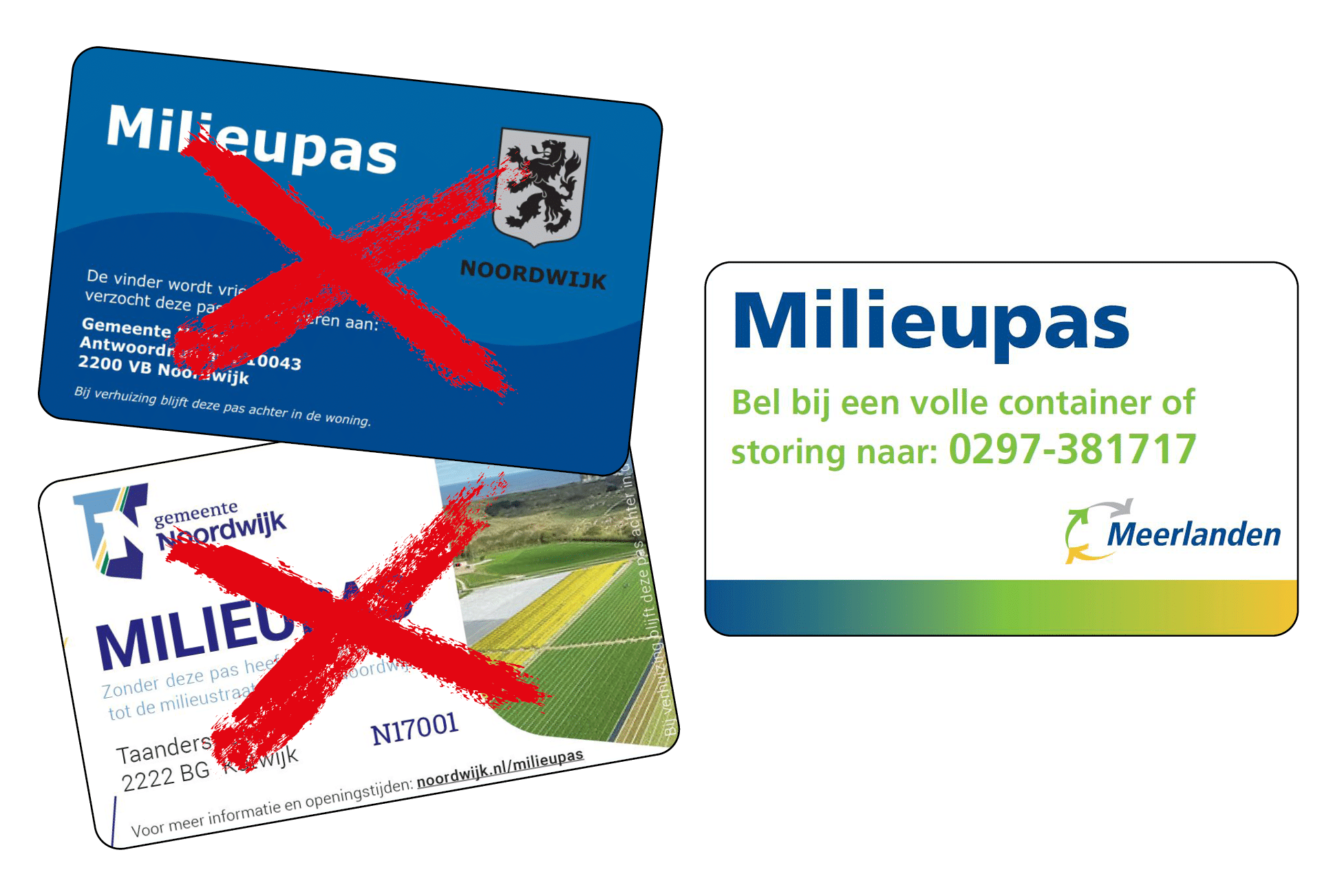 Oude milieupassen van gemeente Noordwijk met rood kruis erdoor. En nieuwe milieupas van Meerlanden. Oude milieupassen van gemeente Noordwijk met rood kruis erdoor. En nieuwe milieupas van Meerlanden.