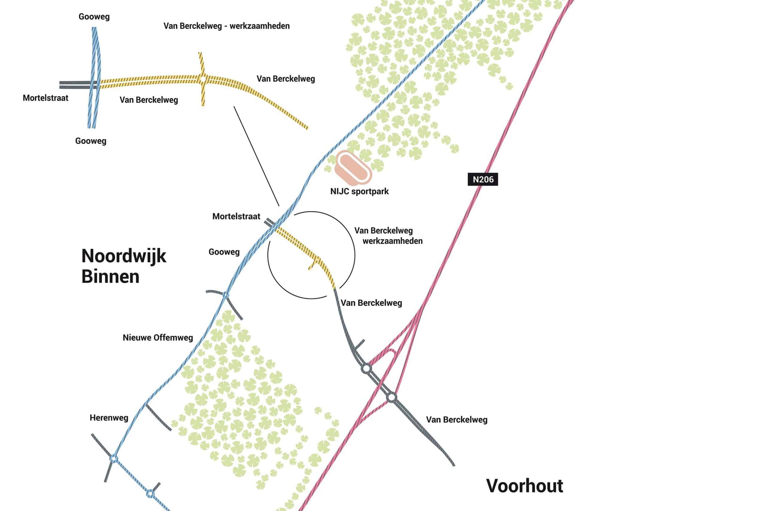 en grafische weergave van de afsluiting van de Van Berckelweg. Deze gaat dicht vanaf de rotonde bij de Biezenlaan tot het kruispunt van de Gooweg.