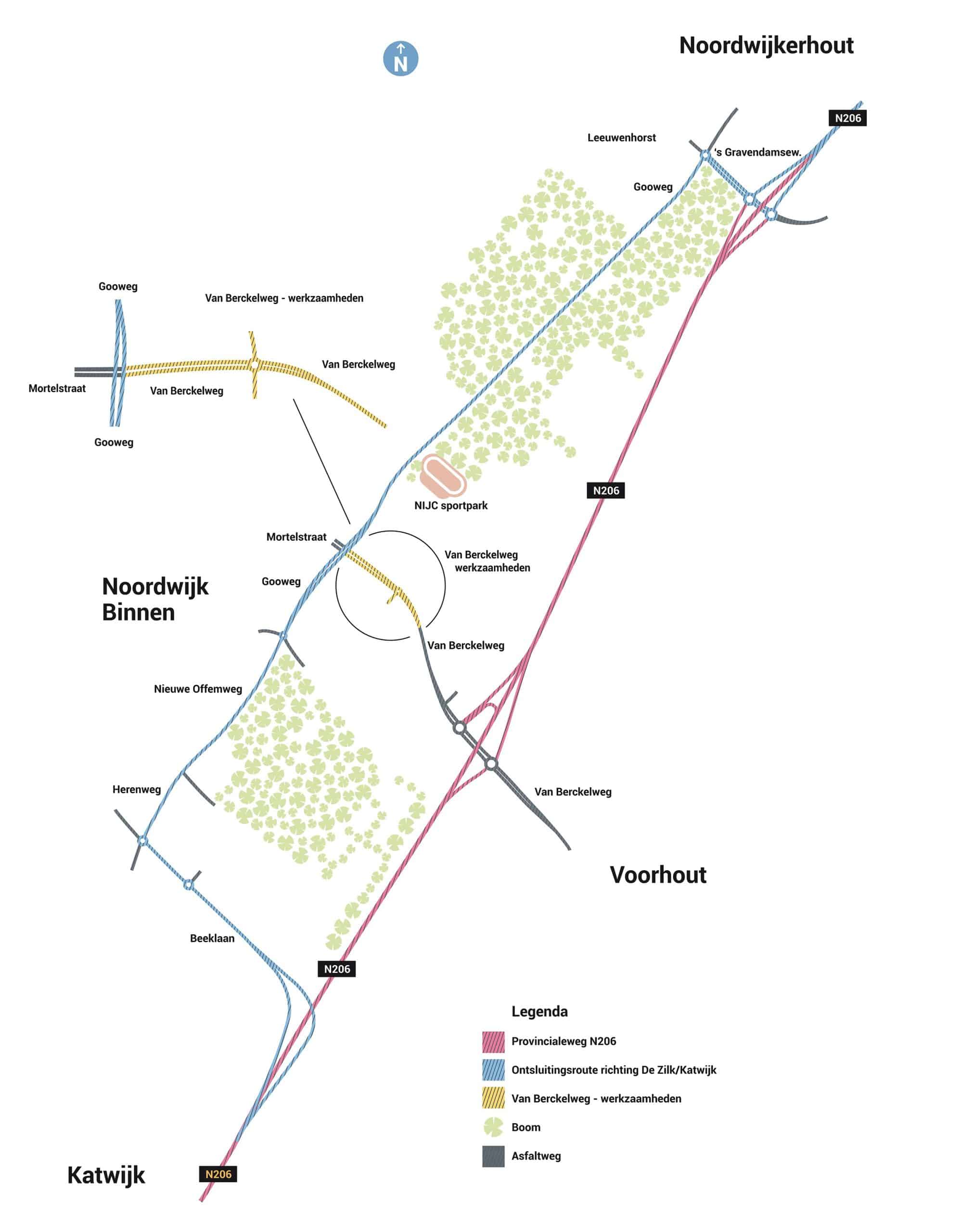 en grafische weergave van de afsluiting van de Van Berckelweg. Deze gaat dicht vanaf de rotonde bij de Biezenlaan tot het kruispunt van de Gooweg.