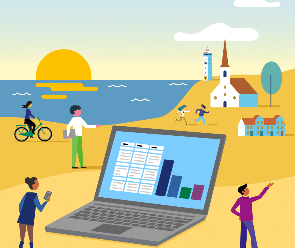 een illustratie van een laptop met daarop grafieken. De laptop staat in de duinen. Om de laptop heen staan wat personen. Op de achtergrond zien we de vuurtoren van Noordwijk en de Witte Kerk van Noordwijkerhout