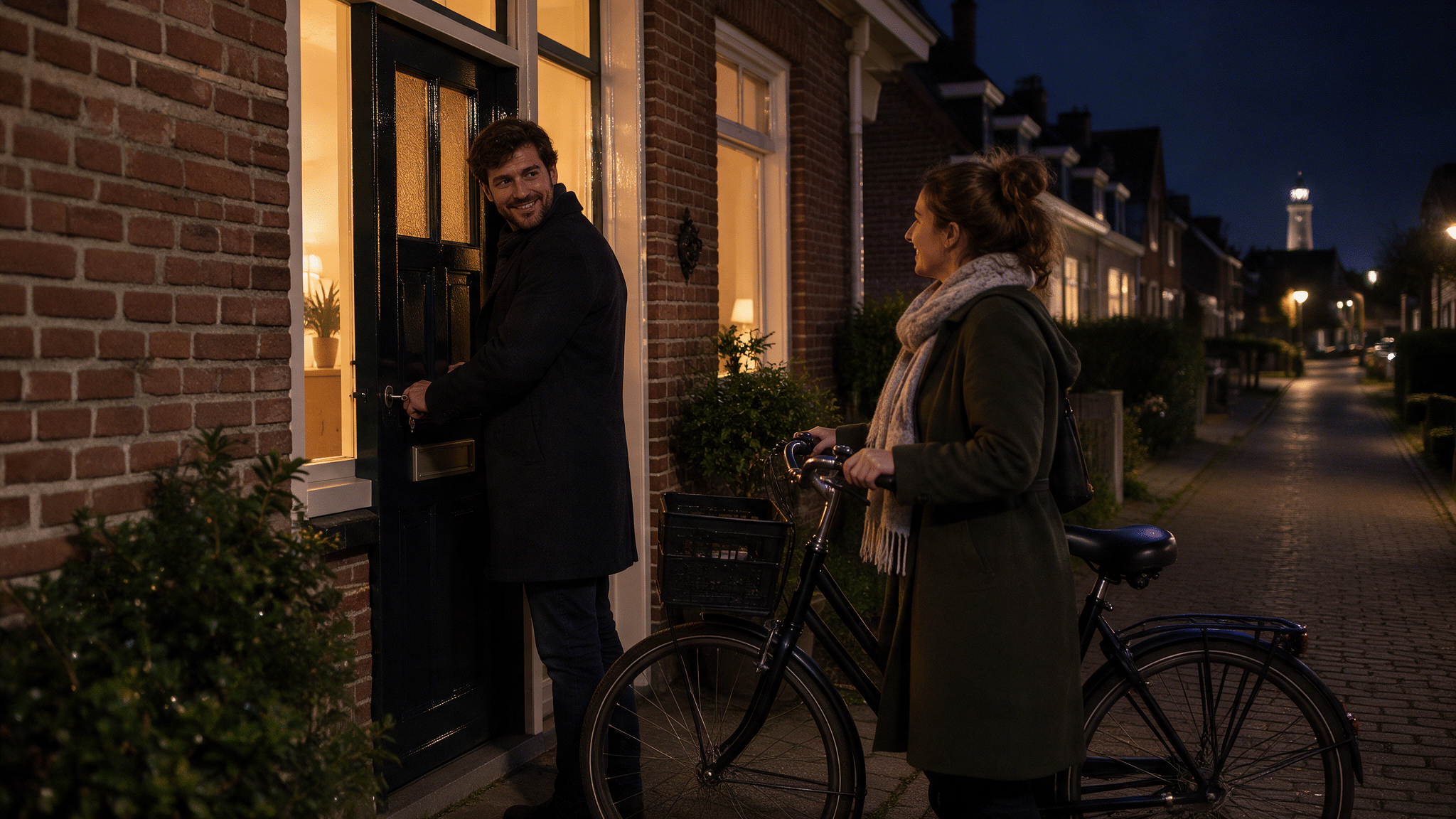 Man en vrouw staan voor verlicht huis, man doet de voordeur op slot.