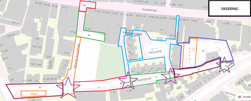 Een plattegrond met de geplande werkzaamheden per fase per gebied. Fase 1A, 1B en 2
Inrichten van een depot aan de A. van Royenstraat
Uitvoering in combinatie met nutswerkzaamheden (zoals kabels en leidingen).
Fase 3 - Inrichten van een depot nabij De Wels, Afsluiting van de A. van Royenstraat.
Plaatsen van een pompput.
Fase 4 en 5 - Aanleg van een persleiding op het Picképlein.
Fase 6 en 7 - Parkeerterrein Extersslop is tijdelijk (niet) bereikbaar.
Fase 8 en 9 - Afsluiting van het parkeerterrein, Ontsluitingsweg H. ter Duinstraat wordt afgesloten.