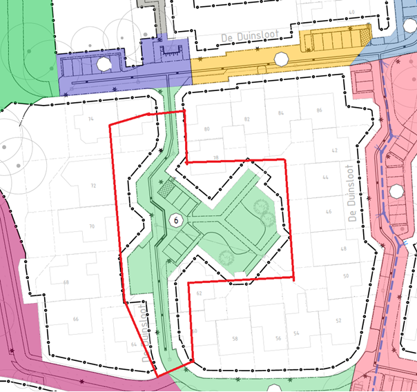 Tekening met verschillende kleuren en gebied omlijnd met rode lijn.