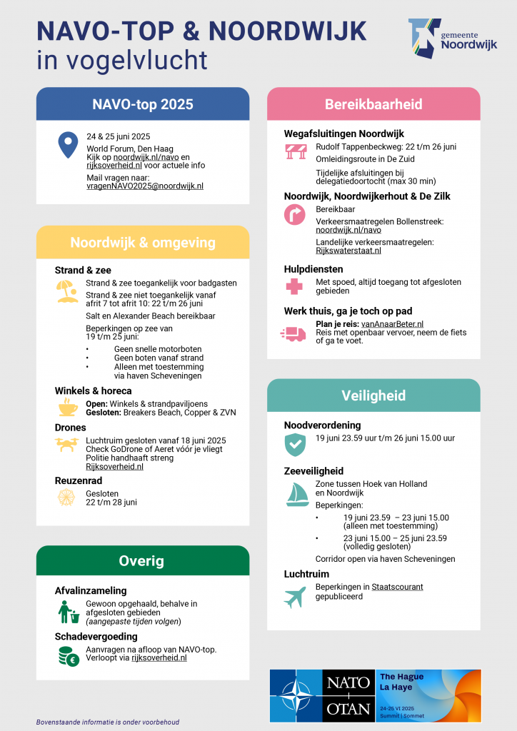 Infographic met als titel "NAVO-top & Noordwijk in vogelvlucht". De afbeelding biedt een overzicht van de maatregelen en informatie rondom de NAVO-top die plaatsvindt op 24 en 25 juni 2025 in het World Forum in Den Haag. De infographic is thematisch ingedeeld in secties:
1. Algemeen:
Data van de NAVO-top: 24 en 25 juni 2025.
Websiteverwijzingen: noordwijk.nl/navo en rijksoverheid.nl voor actuele informatie.
E-mailadres voor vragen: vragenNAVO2025@noordwijk.nl.
2. Bereikbaarheid Noordwijk & omgeving:
Strand en zee:
Toegankelijk voor badgasten met uitzonderingen.
Gesloten strandgedeelte tussen afrit 7 en afrit 10 van 22 t/m 26 juni.
Salt en Alexander Beach zijn bereikbaar.
Beperkingen op zee van 19 t/m 25 juni: geen snelle motorboten, geen boten vanaf het strand, alleen toegang met toestemming via haven Scheveningen.
Winkels en horeca:
Winkels en strandpaviljoens blijven open.
Breakers Beach, Copper en ZVN zijn gesloten.
Drones:
Luchtruim gesloten vanaf 18 juni 2025.
Check GoDrone of Aeret vóór het vliegen.
Politie handhaaft streng.
Reuzenrad:
Gesloten van 22 t/m 28 juni.
3. Wegafsluitingen Noordwijk:
Rudolf Tappenbeckweg afgesloten van 20 t/m 26 juni.
Omleidingsroute ingesteld in De Zuid.
Tijdelijke afsluitingen bij delegatiedoortochten (maximaal 30 minuten).
Noordwijk, Noordwijkerhout en De Zilk blijven bereikbaar.
Verkeersmaatregelen staan op noordwijk.nl/navo en rijkswaterstaat.nl.
4. Hulpdiensten:
Blijven te allen tijde toegang houden tot afgesloten gebieden.
5. Reisadvies:
Werk indien mogelijk thuis.
Plan je reis via vanAnaarBeter.nl.
Gebruik openbaar vervoer, fiets of ga te voet.
6. Veiligheidsmaatregelen:
Zichtbare en onzichtbare maatregelen in werking van 22 juni 12.00 uur tot 26 juni 15.00 uur.
Beperkt gebied aangewezen; bewoners zijn geïnformeerd.
Zeeveiligheid:
Beperkingen in de zone tussen Hoek van Holland en Noordwijk.
Tussen 19 juni 23.59 uur en 23 juni 15.00 uur alleen toegang met toestemming.
Volledige afsluiting van 23 juni 15.00 uur tot 25 juni 23.59 uur.
Corridor blijft open via haven Scheveningen.
Luchtruim:
Nadere beperkingen volgen, gepubliceerd via Staatscourant.
7. Overig:
Afvalinzameling:
Gaat door zoals gebruikelijk, behalve in afgesloten gebieden (aangepaste tijden volgen).
Schadevergoeding:
Na afloop van de NAVO-top aan te vragen via rijksoverheid.nl.