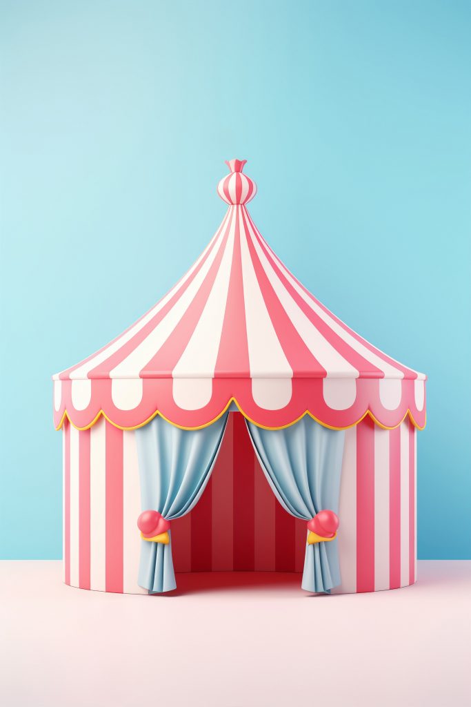 Circustent met rode en witte strepen.