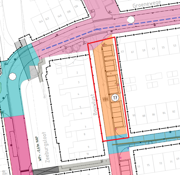 Tekening met gekleurde vakken.