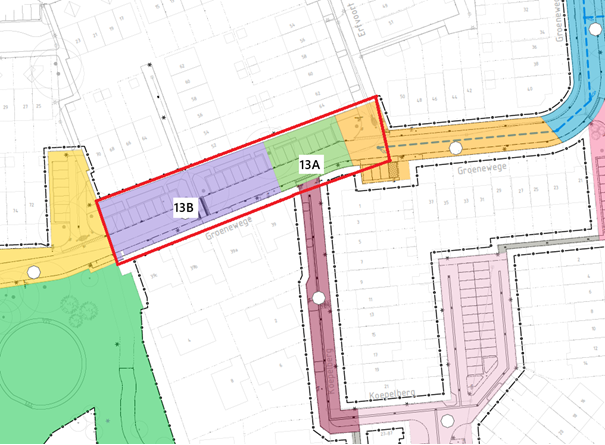 Tekening van wijk met gekleurde vakken.